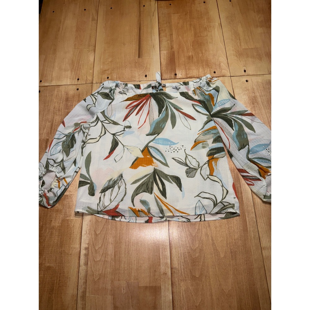 A New Day Floral Off‎ Shoulder Smocked Blouse Women's S White Blue Green Orange